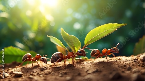Red wood ant colony squabbling over a green leaf photo