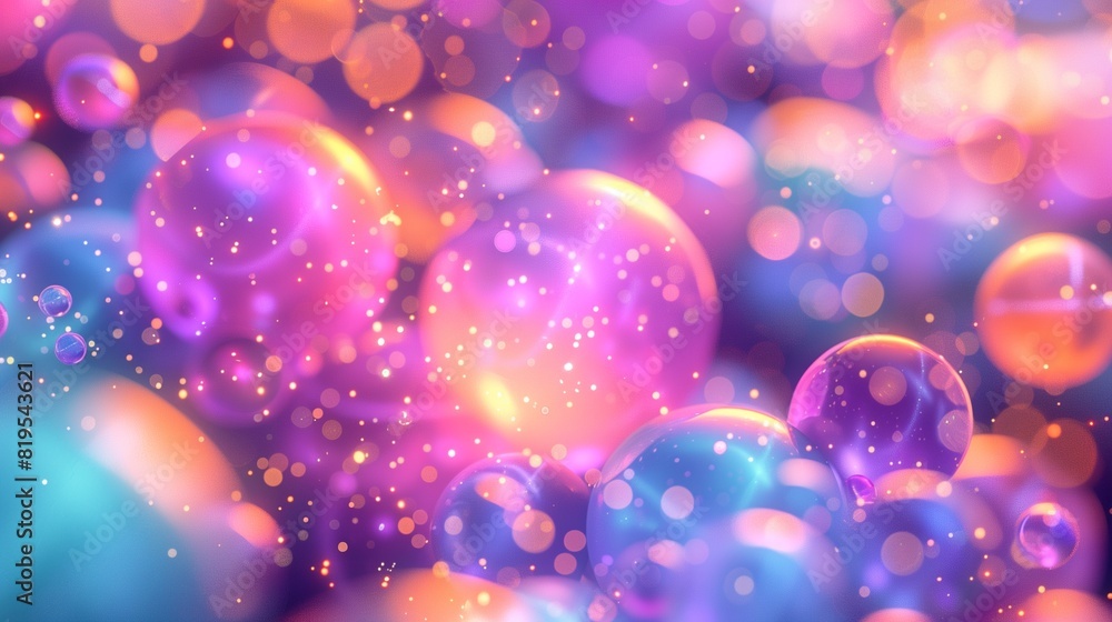 A playfully vibrant and colorful image of softly rounded spheres, permeated by glowing particles in a myriad of shades, captured in HD with striking accuracy and clarity.