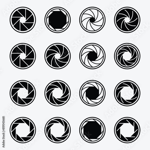 Set photo camera lens diaphragm. Photo lenses aperture, camera lens diaphragm, camera lens eye, movie camera lens, video lens, cameras shutter silhouette icon and shutter apertures pictogram. 