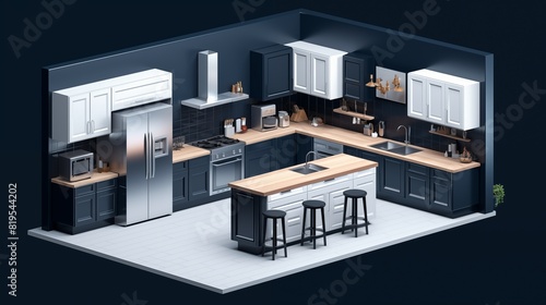 Isometric vector concept kitchen rendering, navy blue walls, sleek white cabinets, and wooden flooring