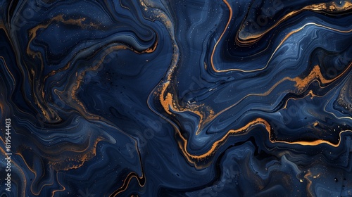 A striking abstract painting featuring a deep navy blue background with swirling veins of gold snaking across the canvas. It seems to capture the very essence of the ocean depths.
