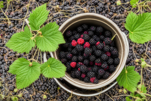 Fresh wild blackberries in a pot photo