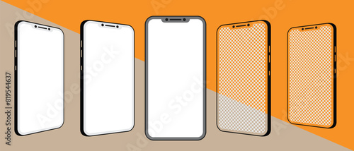 Realistic models layout of smartphones in different positions. Smartphone mockup front view. Mobile phone frame with blank display isolated templates