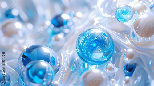 A strikingly contrasting composition, where bright, electric blue spheres swirl amidst a background of white and pearl-colored particles, rendered to perfection in obsessive detail. photo