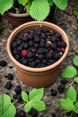 Fresh wild blackberries in a pot photo