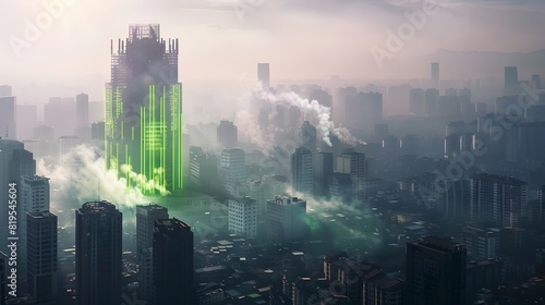 A Bustling Cityscape Choked with Smog Unveils a Futuristic PM Filtering Plant Glowing Green in the Distance A Pledge of Cleaner Air for the Future Generative ai photo