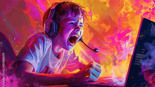 Intense young gamer shouting into headset while playing a competitive game on laptop with vibrant fiery background.