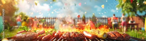 Grilling sausages burgers and corn on outdoor barbecue with people in background