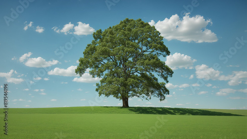 A large tree stands alone in the middle of a grassy field on a clear day with white clouds.   © Muzamil