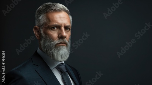 Mature businessman with gray hair and beard, exuding ambition in a full suit. Striking portrait on black background, conveying experience and professionalism.