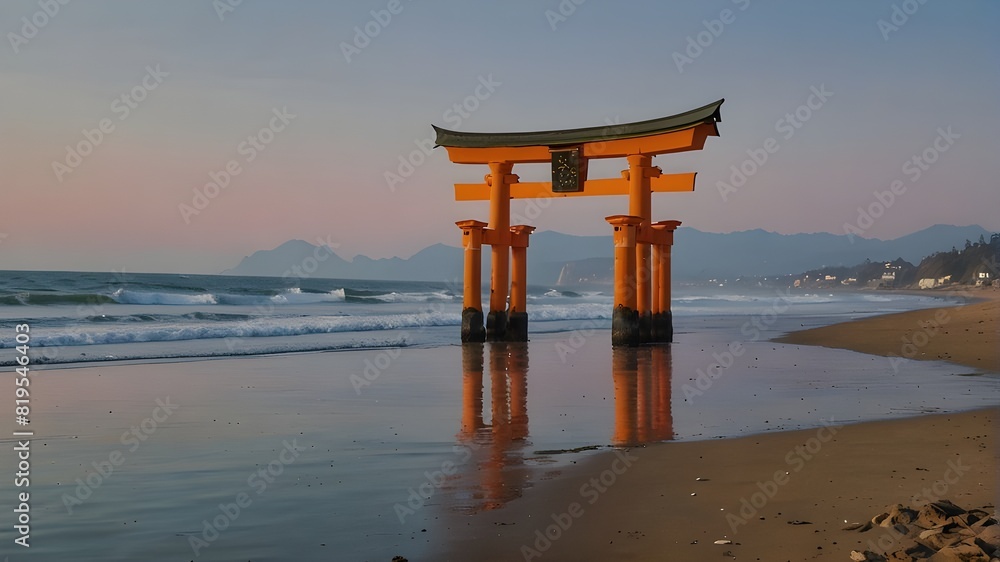 A vibrant torii gate stands tall against the soft pastel hues of a spring morning at the beach, beckoning you to explore its hidden secrets A vibrant torii gate stands tall against the soft pastel hues of a spring morning at the beach, beckoning you to explore its hidden secrets