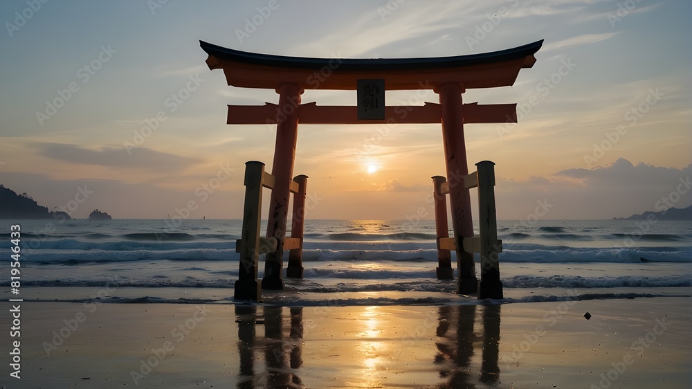 A vibrant torii gate stands tall against the soft pastel hues of a spring morning at the beach, beckoning you to explore its hidden secrets A vibrant torii gate stands tall against the soft pastel hues of a spring morning at the beach, beckoning you to explore its hidden secrets