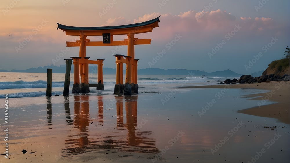 A vibrant torii gate stands tall against the soft pastel hues of a spring morning at the beach, beckoning you to explore its hidden secrets A vibrant torii gate stands tall against the soft pastel hues of a spring morning at the beach, beckoning you to explore its hidden secrets