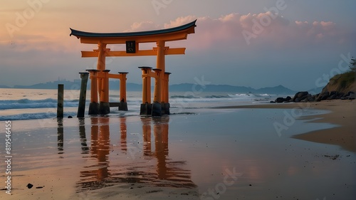 A vibrant torii gate stands tall against the soft pastel hues of a spring morning at the beach  beckoning you to explore its hidden secrets