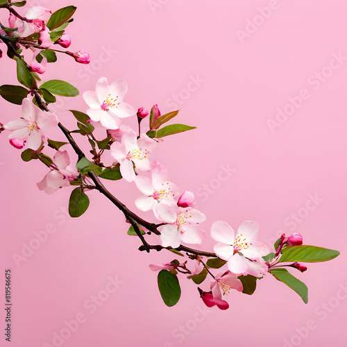 a branch of a flowering tree with pink flowers on a pink background with a green leafy branch on the generate ai 