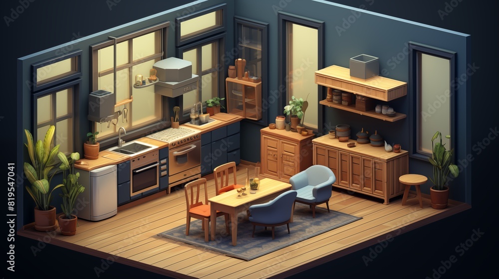 Modern isometric kitchen, dark blue walls, light wood furniture, and large windows