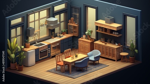 Modern isometric kitchen, dark blue walls, light wood furniture, and large windows © Naseem