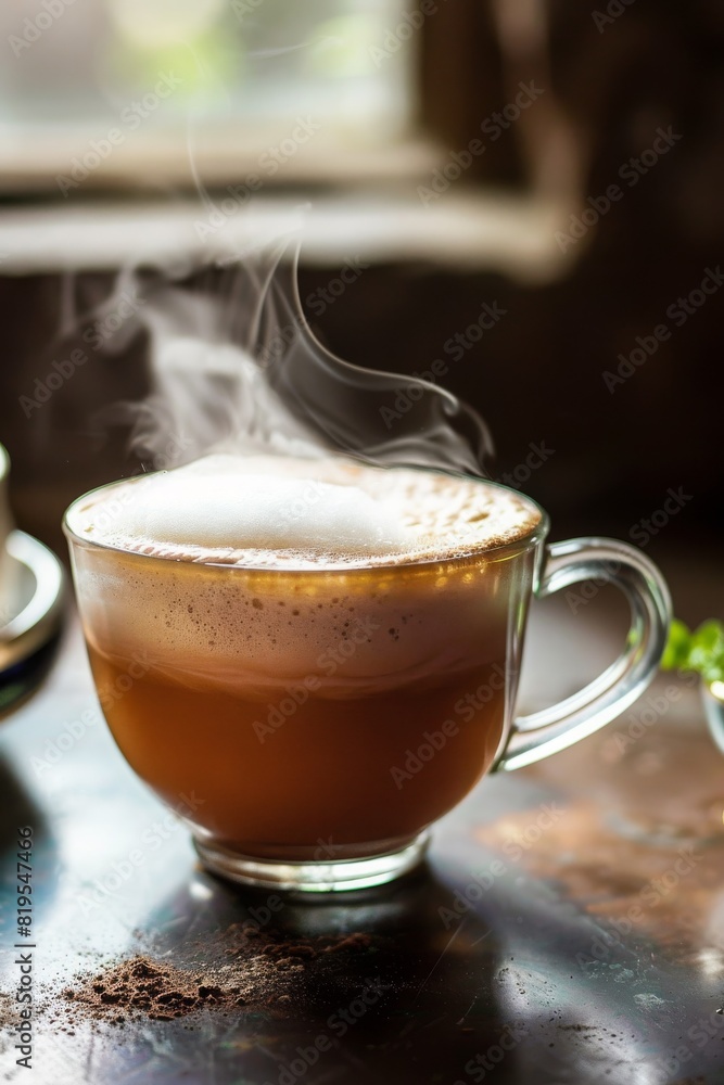 A close-up shot of a steaming cup of Indian tea with a frothy layer of milk foam on top, creating a latte art design. A close-up shot of a steaming cup of Indian tea with a frothy layer of milk foam on top, creating a latte art design.