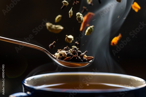 A macro shot of colorful spices – cardamom, cloves, cinnamon – falling from a spoon into a cup of steaming Indian tea, creating a splash of vibrant color.