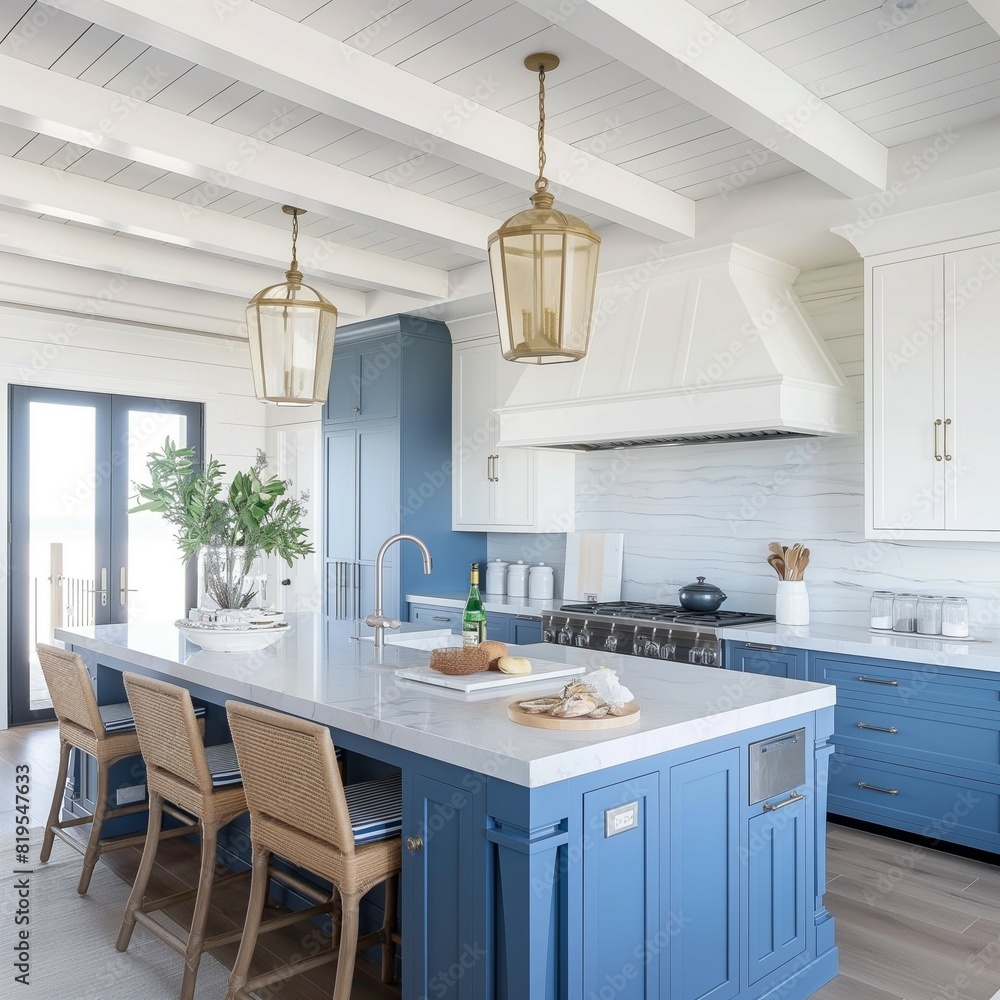 Fototapeta premium Modern kitchen interior with blue cabinets