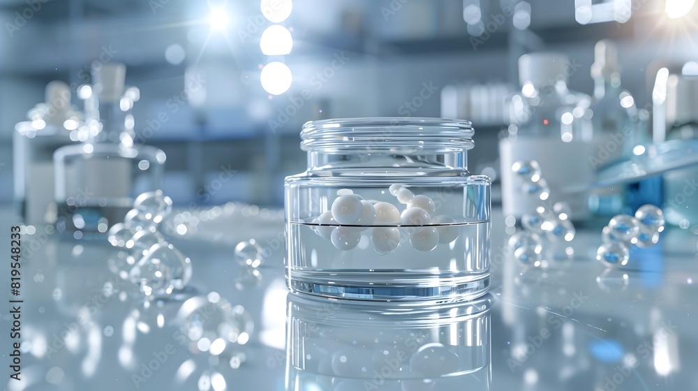 Elegant Glass Bottle with Floating Spherical Bubbles in Minimalist Laboratory Setting Elegant Glass Bottle with Floating Spherical Bubbles in Minimalist Laboratory Setting