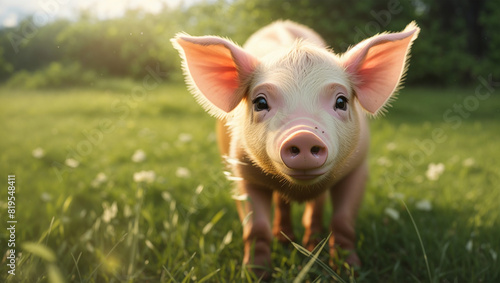A pink piglet is standing on green grass and looking at the camera.