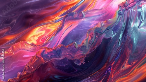 An abstract 3D rendering that combines fluid dynamics, iridescent colors, and dynamic wave movement to create a truly breathtaking scene.