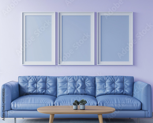 Triple frame mockup, light orchid wall, blue leather sofa, minimalist teak table; ultra HD interior. photo