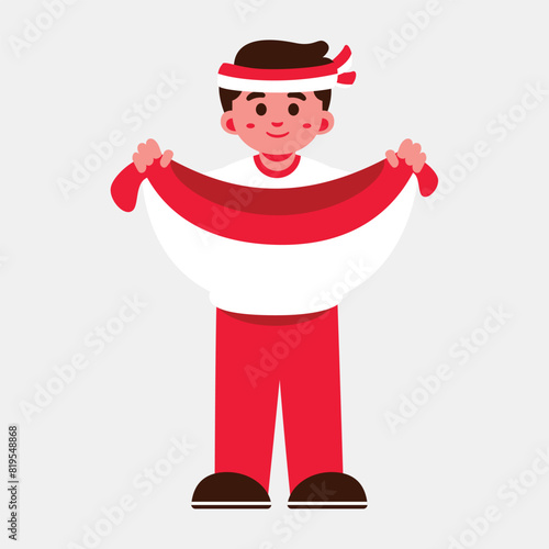 Illustration of a boy holding a red and white Indonesia flag. He is wearing a matching outfit and headband.