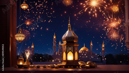 A glowing lantern sits on a table next to pink flowers in front of a mosque with fireworks exploding in the background.