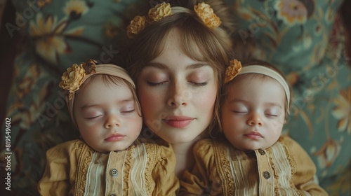 A heartwarming scene of a mother nursing twins simultaneously, showcasing the beauty of motherhood