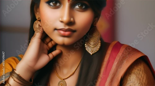 Portrait of beautiful indian girl wearing a beautiful traditional Indian costume lehenga choli or sari with kundan jewelry set. photo