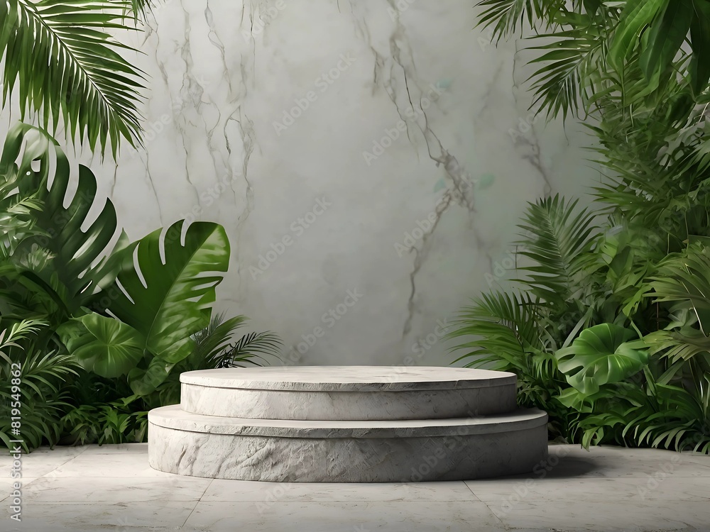 Obraz premium Podium background product green nature 3D forest stand white plant. Cosmetic background product podium display wood jungle studio garden beauty platform presentation mockup pedestal stone tropical