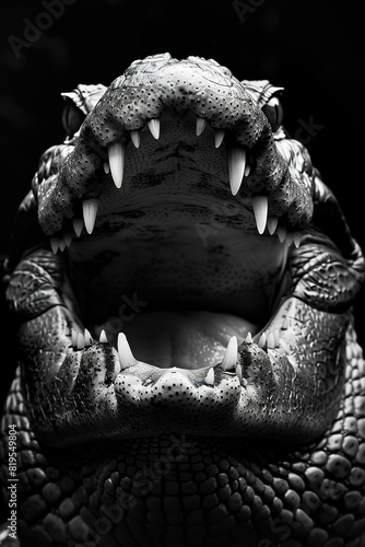 black and white high contrast alligator mouth open  black background  Generate AI.