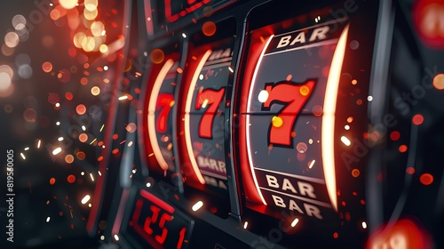 3d render of three slot machine slots with "7" number on the rim, red light and sparks flying around, dark background, fire in background, epic