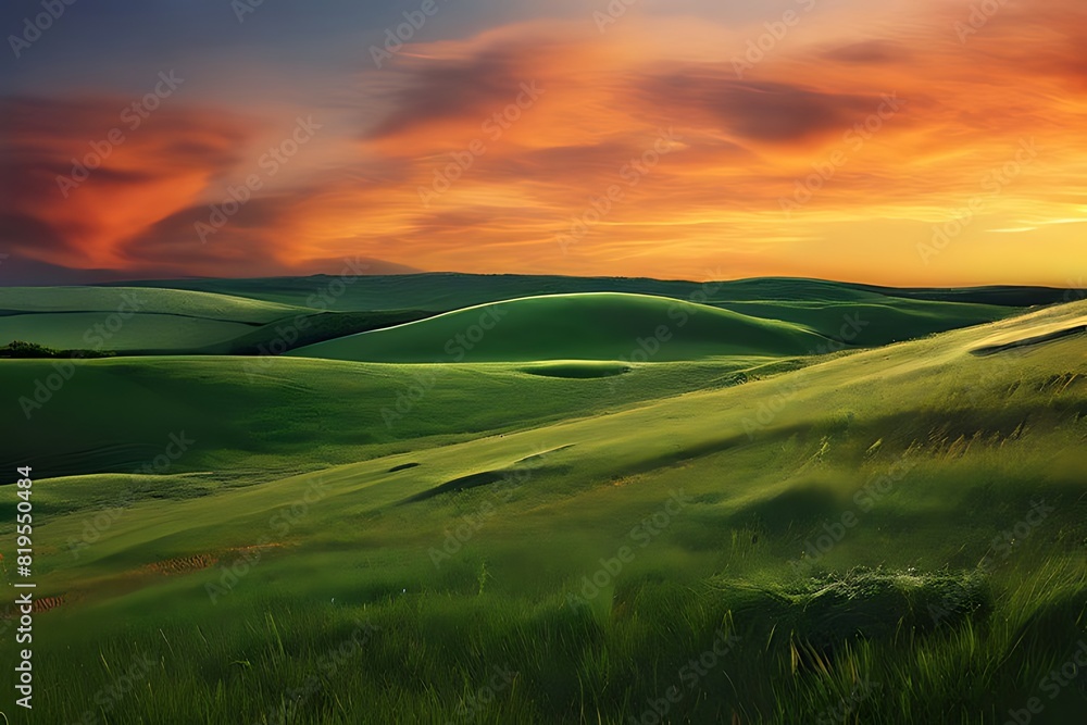 Obraz premium A green rolling hills with a sunset