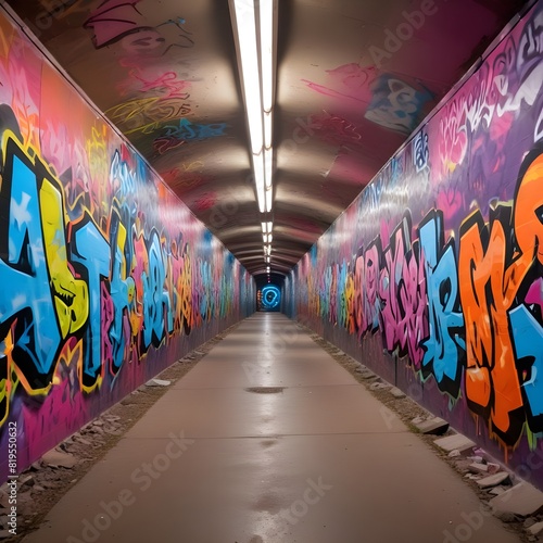 Tunnel with bright graffiti art on the walls. 
