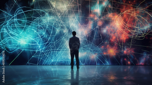 A scientist standing in front of a holographic projection of string theory diagrams, immersed in thought. Dynamic and dramatic composition, with cope space