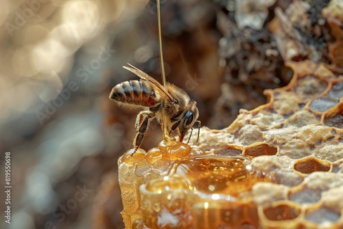 Macro Shot of Honeybee Collecting Golden Honey on Honeycomb