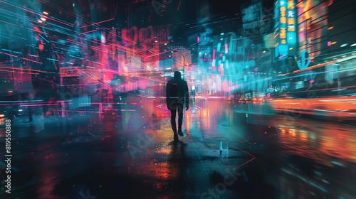 Silhouette of a person standing in a vibrant  neon-lit city street with blurred lights creating a cyberpunk atmosphere.