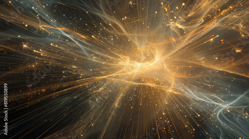 Multiple strings converging at a single point, symbolizing the unification of fundamental forces. Dynamic and dramatic composition, with cope space