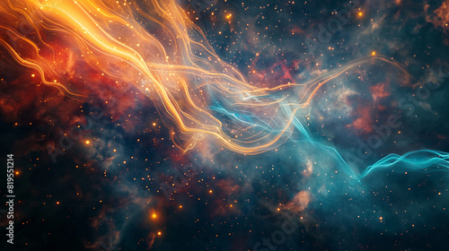 Visualization of strings merging to form particles, with a cosmic background of stars and nebulae. Dynamic and dramatic composition, with cope space photo