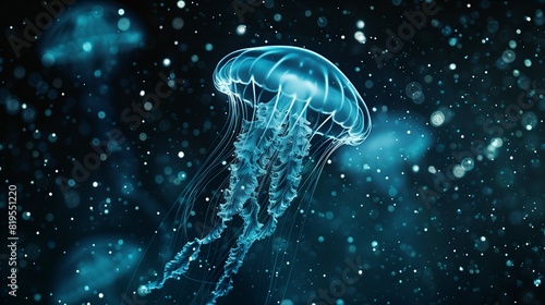 an ethereal scene under the sea featuring a bioluminescent jellyfish, floating elegantly in the dark depths of the ocean. photo