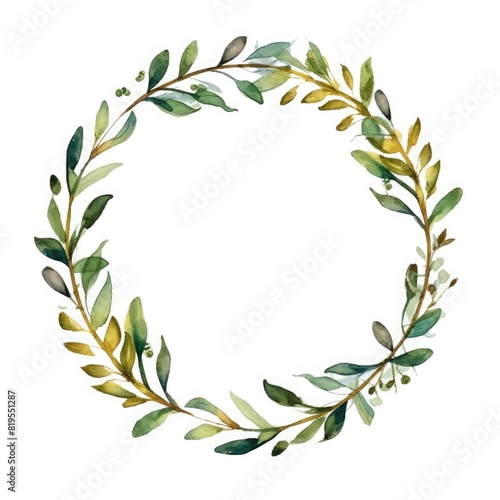 Circular watercolor foliage wreath with green leaves and yellow accents. Circle picture frame with green pastel leaves. Organic botany concept for eco-friendly branding and stationery design. AIG35.