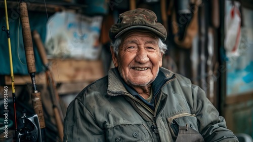 Smiling elderly man wearing outdoor gear  sitting in a rustic cabin  surrounded by fishing equipment  exuding warmth and happiness.