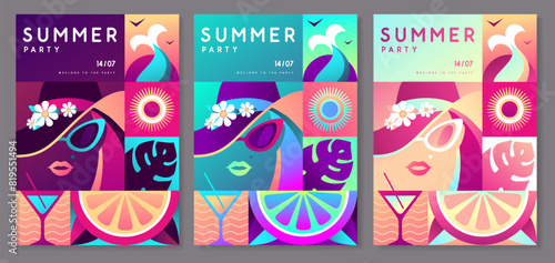Set of Fluorescent flat summer disco party posters with summer attributes. Girl in hat, mermaid tail, cocktail cosmopolitan and orange. Vector illustration