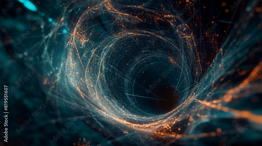Strings weaving through a black hole, visualizing the interaction between gravity and quantum mechanics. Dynamic and dramatic composition, with cope space Strings weaving through a black hole, visualizing the interaction between gravity and quantum mechanics. Dynamic and dramatic composition, with cope space