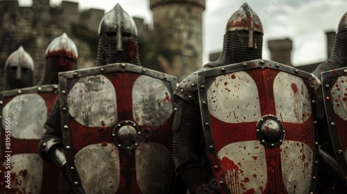 Medieval knights holding pride shields, selective focus, unity, vibrant, manipulation, castle courtyard backdrop