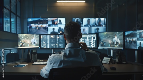 A security guard sitting at his desk in front of multiple monitors, watching the video footage from hundreds of cameras. The video has a crisp, sharp focus and ultra realistic photography.