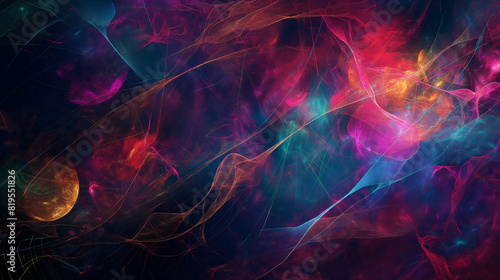 An abstract representation of strings creating a bridge between parallel universes, vibrant and dynamic. Dynamic and dramatic composition, with cope space